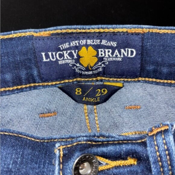 Lucky Brand Women's 8/29 Ankle Sofia Boot Denim Blue Jeans Dark Blue Flare - Picture 2 of 11